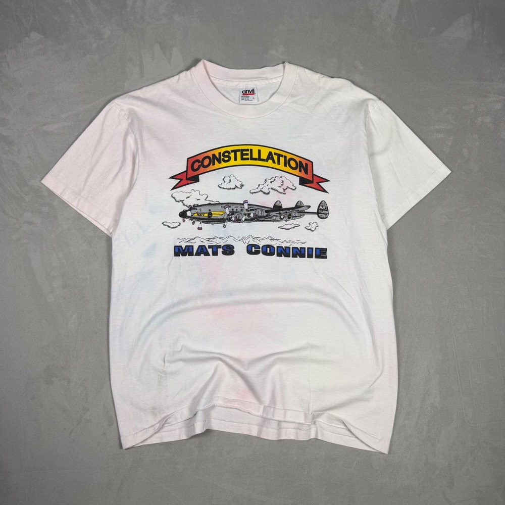 90s Mens Anvil MATS Connie Constellation Aviation Graphic T-Shirt Large